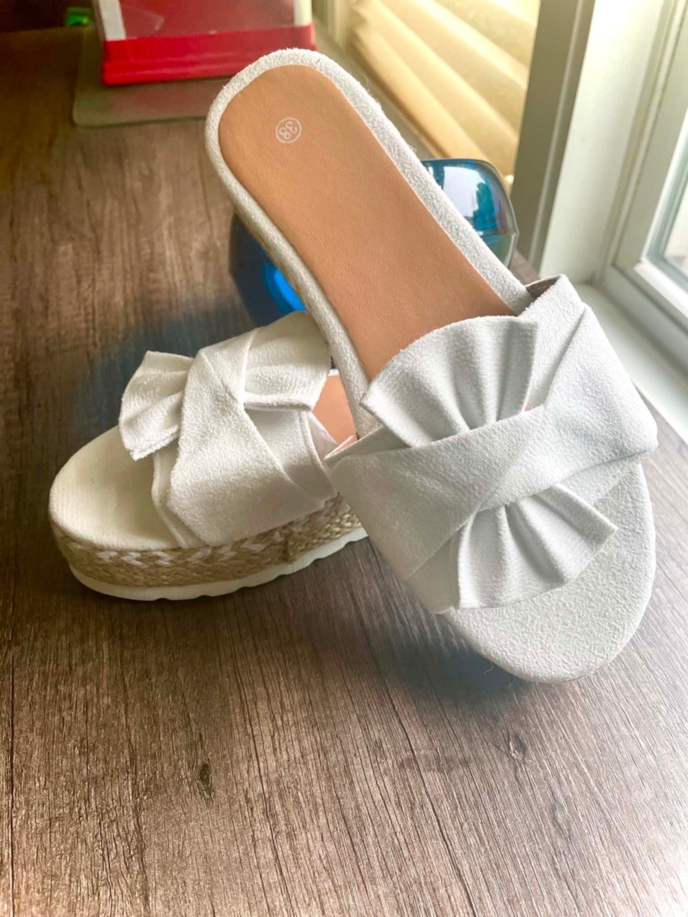 white bow slide sandals with braided espadrille-style slip-on platform 7.5